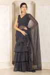 Buy_Inara Jaipur_Black Georgette Leheriya Printed Pre-draped Ruffle Saree With Blouse _at_Aza_Fashions