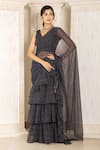 Buy_Inara Jaipur_Black Georgette Printed V Pre-draped Ruffle Saree With Blouse_at_Aza_Fashions