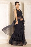 Inara Jaipur_Black Georgette Leheriya Printed Pre-draped Ruffle Saree With Blouse _Online_at_Aza_Fashions