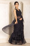 Inara Jaipur_Black Georgette Printed V Pre-draped Ruffle Saree With Blouse_Online_at_Aza_Fashions