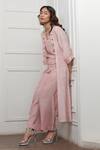 Shop_Myoho_Pink Cotton, Silk Tassels Open Neck, Jagged Striped Pattern Jacket And Pant Set_Online_at_Aza_Fashions