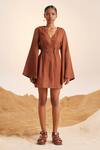 Cord_Brown Linen V Neck Bell Sleeve Dress_Online_at_Aza_Fashions