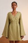Cord_Green Linen V Neck Macha Bell Sleeve Dress_Online_at_Aza_Fashions