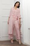 Myoho_Pink Cotton, Silk Tassels Open Neck, Jagged Striped Pattern Jacket And Pant Set_at_Aza_Fashions