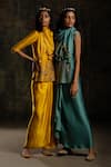 Shop Mona And Vishu Yellow Draped Skirt Satin Linen, Kurta And Scarf Chanderi Silk Beads, Set Online at Aza Fashions Shop_Mona And Vishu_Yellow Draped Skirt Satin Linen, Kurta And Scarf Chanderi Silk Beads, Set _Online_at_Aza_Fashions
