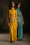 Mona And Vishu Yellow Draped Skirt Satin Linen, Kurta And Scarf Chanderi Silk Beads, Set at Aza Fashions Mona And Vishu_Yellow Draped Skirt Satin Linen, Kurta And Scarf Chanderi Silk Beads, Set _at_Aza_Fashions