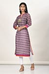 Buy_Khwaab by Sanjana Lakhani_Purple Cotton Silk Printed Leaf Motif Notched Kurta _at_Aza_Fashions