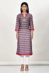 Khwaab by Sanjana Lakhani_Purple Cotton Silk Printed Leaf Motif Notched Kurta _Online_at_Aza_Fashions