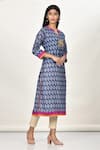 Buy_Khwaab by Sanjana Lakhani_Blue Cotton Silk Printed Leaf Motif Notched Kurta _at_Aza_Fashions