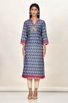 Khwaab by Sanjana Lakhani_Blue Cotton Silk Printed Leaf Motif Notched Kurta _Online_at_Aza_Fashions