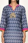 Shop_Khwaab by Sanjana Lakhani_Blue Cotton Silk Printed Leaf Motif Notched Kurta _Online_at_Aza_Fashions