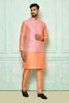Buy_Arihant Rai Sinha_Coral Kurta: Silk Embroidered Thread Work Bundi Set For Men_at_Aza_Fashions