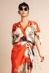 Nupur Kanoi_Orange Crepe Digital Print Floral Pattern V Floret Gathered Dress  _Online_at_Aza_Fashions