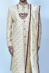 Samyukta Singhania_Beige Sherwani Georgette Silk Embroidery Diamomd Set _Online_at_Aza_Fashions