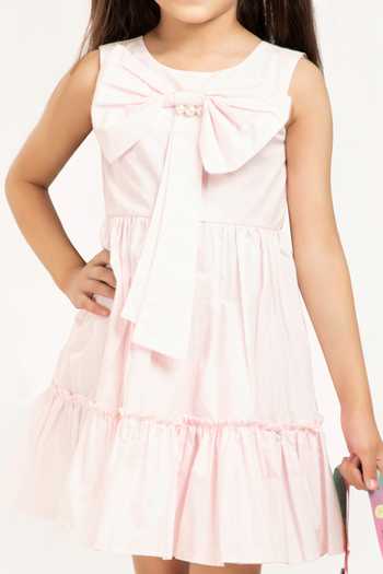 Byb Premium_Pink Cotton Bows Tiered Embellished Dress _Online_at_Aza_Fashions