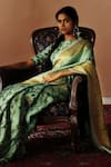 Shop_Archana Jaju_Green Saree Handloom Cotton Kanjeevaram And Blouse Hand Painted & With _Online_at_Aza_Fashions