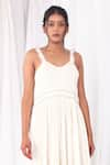 KHAT_White Soft Twill Cotton Embroidered Stitch Lines Scoop Neck Stripe Dress _Online_at_Aza_Fashions