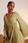 Shop_Cord_Green Linen V Neck Macha Bell Sleeve Dress_Online_at_Aza_Fashions