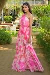 Disha Kahai_Pink Georgette Embroidered Tie-dye One Shoulder Draped Kurta And Gharara Set _Online_at_Aza_Fashions