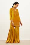 Devnaagri_Yellow Velvet And Organza Floral Notched Zari Embroidered Kurta Sharara Set _at_Aza_Fashions