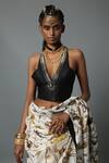 Buy_House Of Three_Black Dupion Silk Bead Work V Neck Embellished Halter Blouse _at_Aza_Fashions