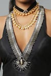 Buy_House Of Three_Black Dupion Silk Bead Work V Neck Embellished Halter Blouse _Online_at_Aza_Fashions