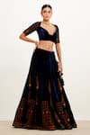 Devnaagri_Blue Velvet And Organza Embroidered Zari Plunge V Neck Bridal Lehenga Set _Online_at_Aza_Fashions