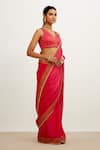 Devnaagri_Fuchsia Satin And Gajji Embroidered Zari V Neck Border Saree With Blouse _Online_at_Aza_Fashions