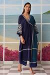 Buy_Ikai By Ragini Ahuja_Blue Thin Chanderi V Neck Colorblock Angarkha_at_Aza_Fashions
