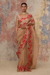 Buy_Devnaagri_Beige Silk Organza V Neck Saree With Blouse _at_Aza_Fashions