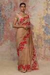 Buy_Devnaagri_Beige Silk Organza V Neck Saree With Blouse _Online_at_Aza_Fashions