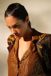 Shop_Nikita Mhaisalkar_Brown Lurex, Georgette Embroidery Collared Geometric Print Shirt _Online_at_Aza_Fashions