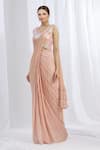 Buy Arpan Vohra Peach Georgette Scoop Neck Embroidered Pre-draped Saree at Aza Fashions Buy_Arpan Vohra_Peach Georgette Scoop Neck Embroidered Pre-draped Saree _at_Aza_Fashions