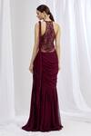 Shop_ARPAN VOHRA_Maroon Georgette Halter Neck Embroidered Saree Gown _at_Aza_Fashions