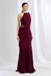 ARPAN VOHRA_Maroon Georgette Halter Neck Embroidered Saree Gown _Online_at_Aza_Fashions