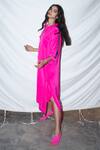 Shop_Anamika Khanna_Pink Silk Draped Asymmetric Dress_at_Aza_Fashions
