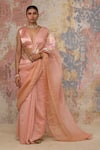 Buy_Devnaagri_Peach Silk Organza, Chanderi Muskaish, Gajji V Neck Saree With Blouse _Online_at_Aza_Fashions