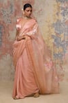 Buy_Devnaagri_Peach Silk Organza, Chanderi Muskaish, Gajji V Neck Saree With Blouse _at_Aza_Fashions