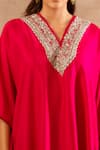 JAYANTI REDDY_Red Silk Embroidered Zardozi V Neck Yoke Kaftan  _Online_at_Aza_Fashions