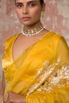 Devnaagri_Yellow Silk Organza, Chanderi Muskaish, Gajji V Neck Saree With Blouse _at_Aza_Fashions