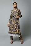 Buy_House of Three_Black Viscose Satin Printed Jewel Mandarin Dravidian Kurta Set  _at_Aza_Fashions