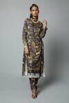 Buy_House of Three_Black Viscose Satin Printed Jewel Mandarin Dravidian Kurta Set  _Online_at_Aza_Fashions