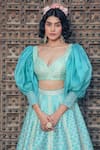 Buy_Show Shaa_Blue Crepe Embroidery And Print Puff Sleeve Blouse & Floral Lehenga Set _Online_at_Aza_Fashions