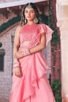Show Shaa_Peach Chiffon Embroidery Cutdana Ruffle Pre-draped Saree With Blouse _at_Aza_Fashions