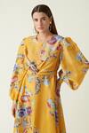 Buy_Payal Pratap_Yellow Cupro Linen Tapis Floral Bloom Print Dress_Online_at_Aza_Fashions