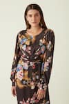 Payal Pratap_Brown Linen, Satin Round Neck Merbabu Floral Bloom Print Dress _Online_at_Aza_Fashions