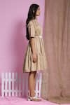 Escape By Aishwarya_Gold Cotton Satin High Stand Collar Three Tier Drama Dress With Belt _Online_at_Aza_Fashions