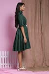 Escape By Aishwarya_Green Cotton Satin High Stand Collar Tiered Drama Dress With Belt _Online_at_Aza_Fashions