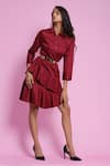 Escape By Aishwarya_Maroon Cotton Satin Shirt Collar Circular Diagonal Drape Dress _Online_at_Aza_Fashions