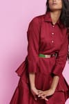 Buy_Escape By Aishwarya_Maroon Cotton Satin Shirt Collar Circular Diagonal Drape Dress _Online_at_Aza_Fashions